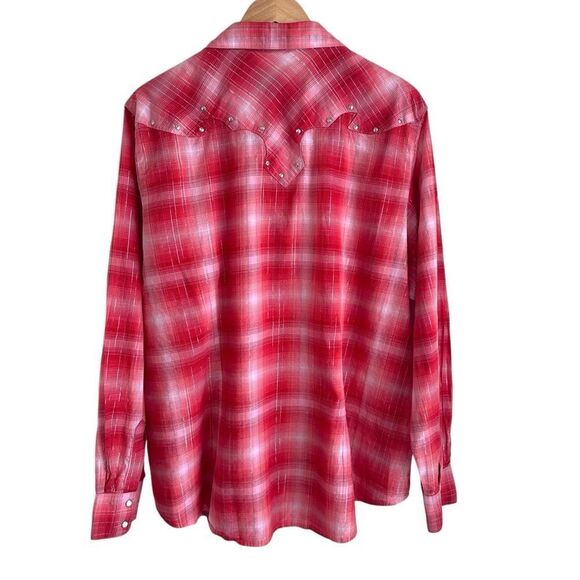 Wrangler Red Silver Studded Metallic Thread Pearl Button Plaid Western Shirt - Picture 2 of 5